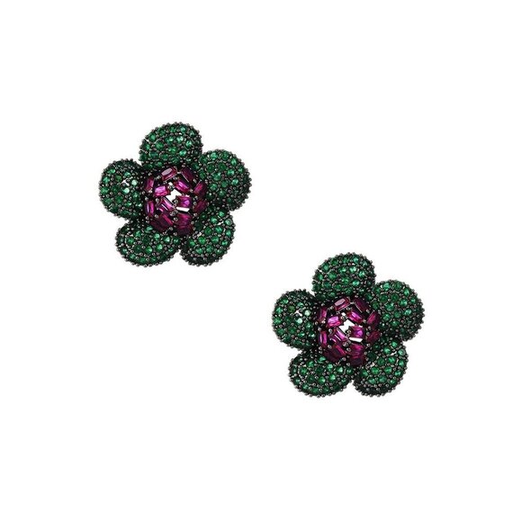 Pink and Green Flower Cubic Zirconia Earrings - Picture 2 of 2